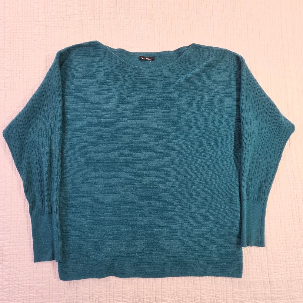 Vila Milano Teal Blue Ribbed Boat Neck Dolman Sleeve Cotton Blend Sweater EUC L